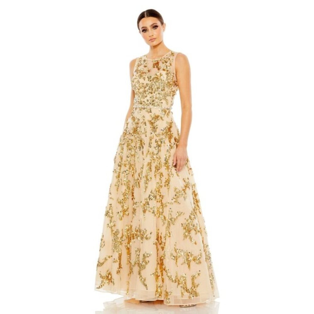 NWT Mac Duggal 10953 Jewel Neckline Embellished Maxi Dress Nude Gold Size 6